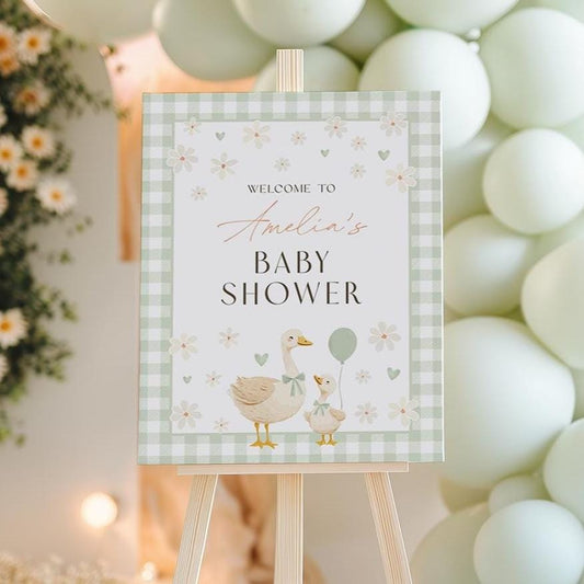Sage green Mother Goose baby shower welcome sign