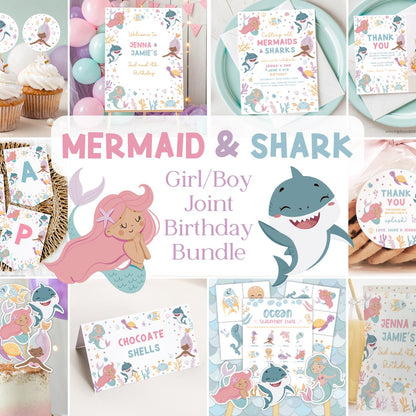 Printable mermaid and shark birthday decor bundle
