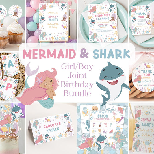 Printable mermaid and shark birthday decor bundle