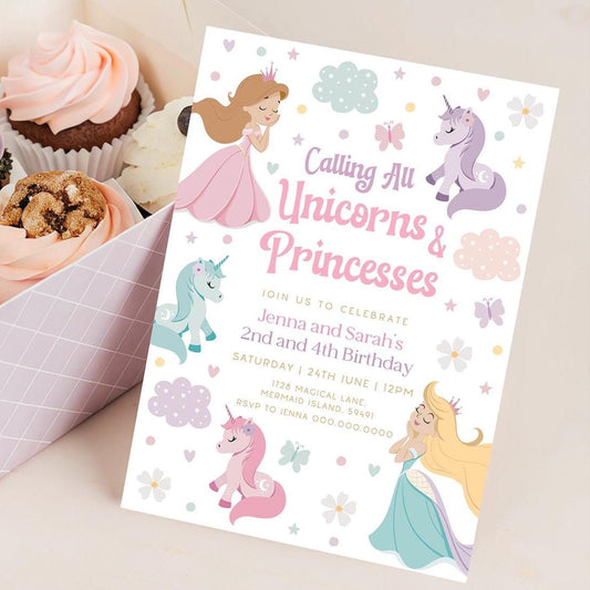 Pastel unicorn and princess joint birthday invitation