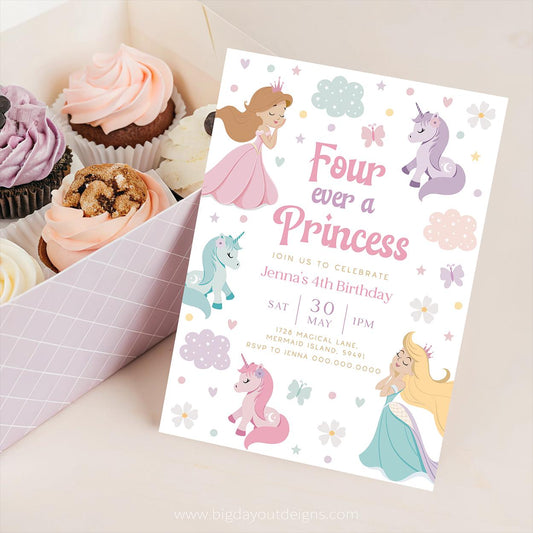 Four Ever Princess unicorn birthday invitation in pink