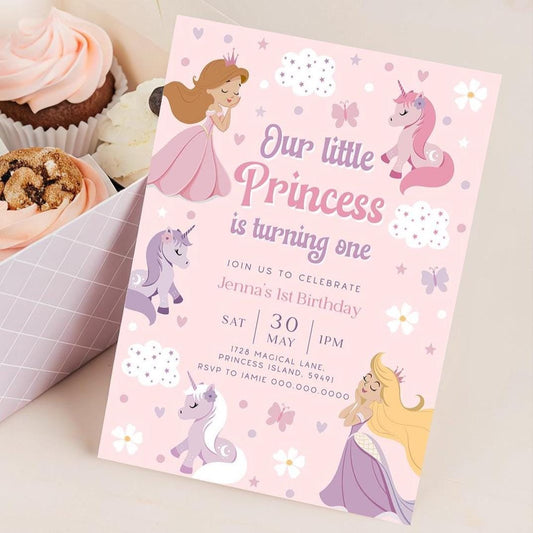 Unicorn princess 1st birthday invitation