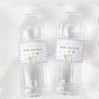 Printable silly goose water bottle label blue gingham