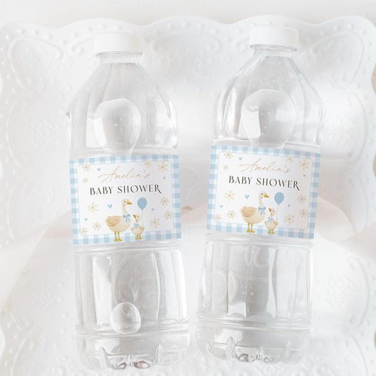 Printable silly goose water bottle label blue gingham