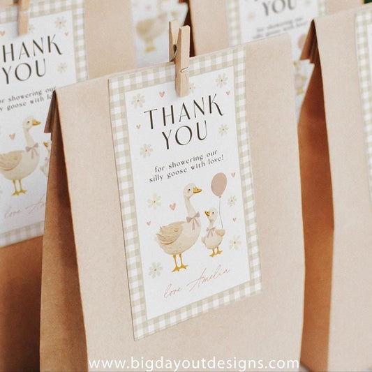 Printable silly goose thank you tag gender neutral gingham