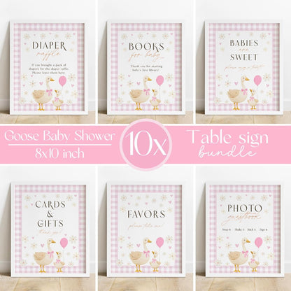 Editable mother goose baby shower table sign pink gingham