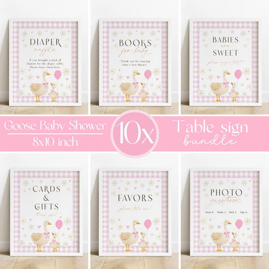 Editable mother goose baby shower table sign pink gingham