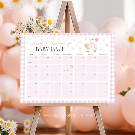 Editable goose baby shower sign pink due date calendar