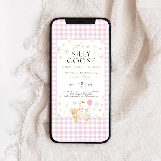 Pink gingham goose baby shower evite