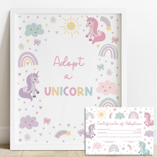 Adopt a unicorn sign printable for kids birthday