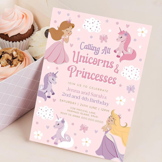 Double birthday unicorn princess invitation