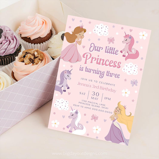 Princess unicorn 3rd birthday invitation printable