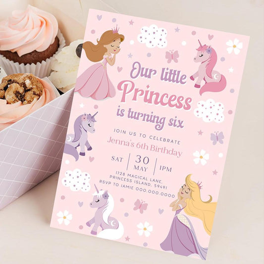 Princess unicorn 6th birthday invitation