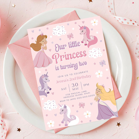 Unicorn princess 2nd birthday invitation