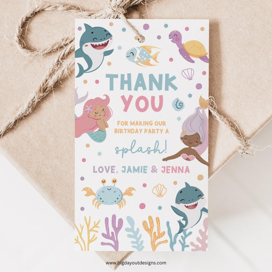 Shark and mermaid joint birthday favor tags

