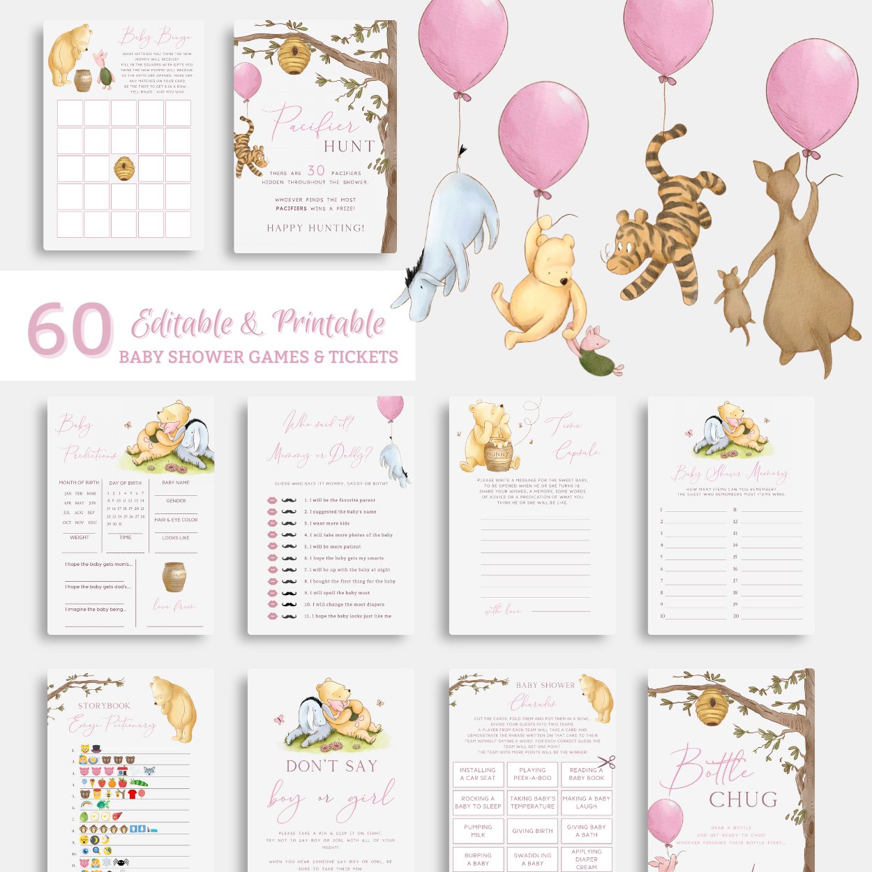 Winnie the Pooh 60x Baby Shower Games Bundle - Big Day Out