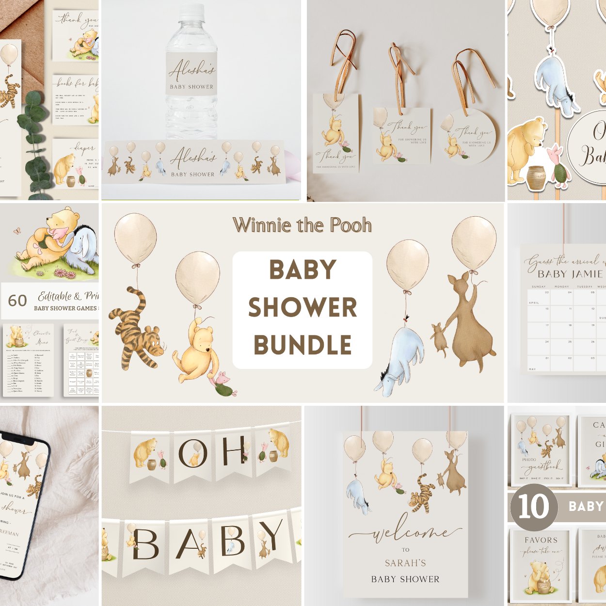 Large Baby Shower Bundle Winnie-themed shops Set All You Need: Invitation, Decor, Games, Signs, and More! Eucalyptus Gold splash Design 0001 EB1